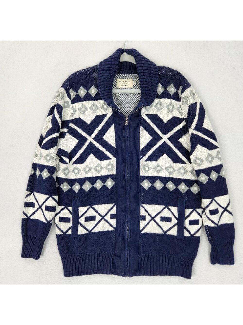 The Normal Brand Sweater Mens Large Blue Aztec Full Zip Shawl Collar Cardigan
